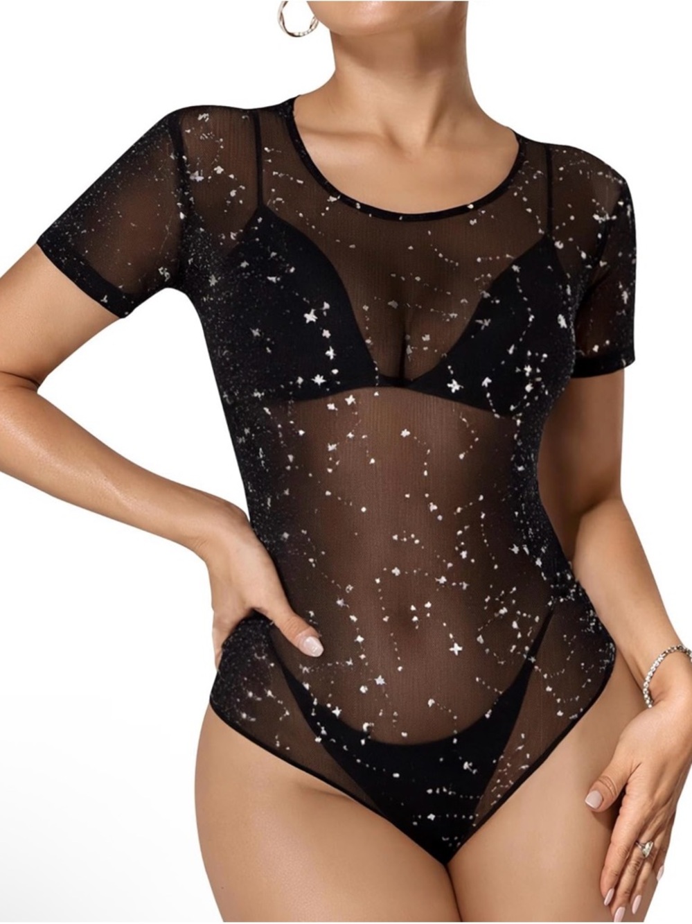 MANGOPOP Women's Mesh Bodysuit Sheer Geo Print Short Sleeve Bodysuit See Through